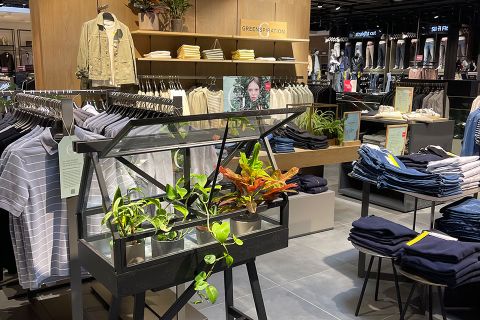 Inneneinrichtung eines Bekleidungsgeschäfts mit Freizeitkleidung auf Regalen und Ständern, darunter Jeans und Hemden. Eine kleine Glasvitrine mit Topfpflanzen steht zentral und trägt zu einem natürlichen, umweltfreundlichen Ambiente bei.