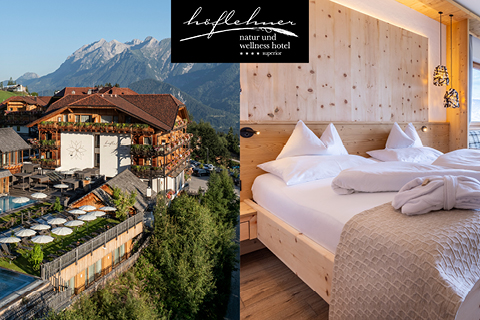 Geteiltes Bild: Links ist ein Alpenhotel mit Holzarchitektur, umgeben von Bergen, zu sehen. Rechts ein gemütliches Hotelzimmer mit Holzinterieur, weißer Bettwäsche und stilvoller Beleuchtung. Oben steht „Hoflehner Natur- und Wellnesshotel“.