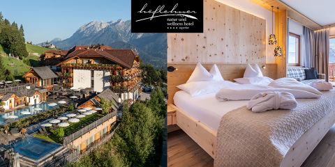 Ein geteiltes Bild des Natur- und Wellnesshotels Höfflehner. Links: Luftaufnahme des Hotels mit Pool, Sonnenliegen und Bergkulisse. Rechts: Gemütliches Hotelzimmer mit Holzausstattung, ordentlich gemachtem Bett und Fensterblick.