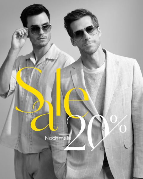 Zwei stylische Männer mit Sonnenbrillen und leichter, modischer Kleidung posieren selbstbewusst. Über dem Bild steht in großem gelb-weißem Text „Sale 20% Nochmals“, was auf einen 20%igen Rabattverkauf hinweist.