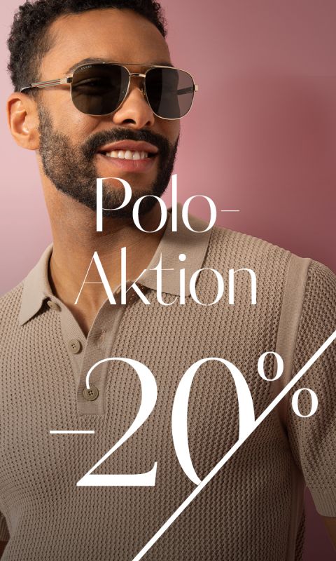Ein Mann mit Sonnenbrille und beigem Poloshirt lächelt vor rosa Hintergrund. Weißer Text über dem Bild lautet: „Polo-Aktion -20%“.