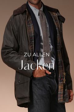 Ein Mann trägt eine dunkle Jacke mit kariertem Futter, gestreiftes Hemd, Krawatte, Pullover und Jeans. Der Text „ZU ALLEN Jacken“ ist über das Bild gelegt.