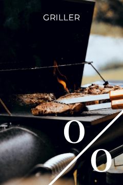 Nahaufnahme von Steaks, die auf einem Grill im Freien gegrillt werden, wobei Flammen zwischen dem Fleisch aufsteigen. Oben erscheint das Wort "GRILLER", und unten rechts werden große weiße Prozentzeichen angezeigt.