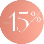 Ein rosafarbenes rundes Symbol mit weißem Text, der „-15 %“ anzeigt, bedeutet einen Rabatt von fünfzehn Prozent.