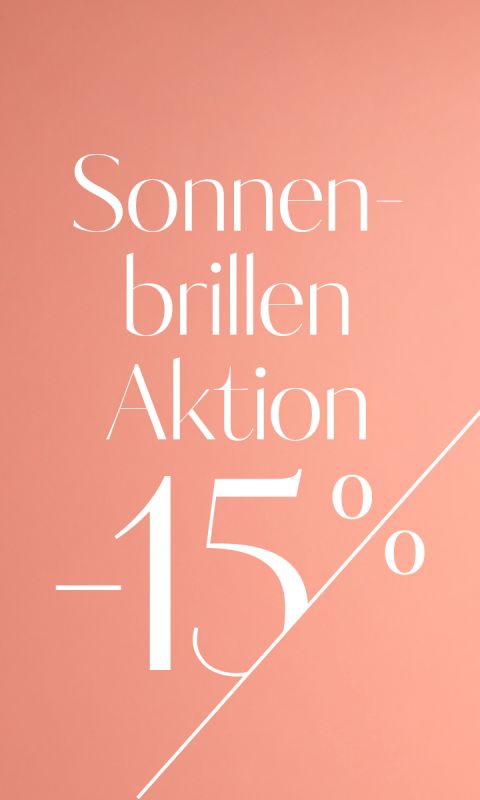 Der Text auf pfirsichfarbenem Hintergrund lautet: „Sonnenbrillen Aktion -15%“, was auf einen Rabatt von 15 % auf Sonnenbrillen hinweist. Der Text ist weiß und stilvoll mit einer diagonalen Linie angeordnet.