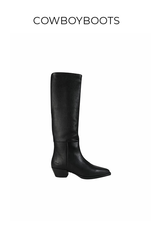 Ein einzelner schwarzer Cowboystiefel aus Leder mit niedrigem Absatz steht mittig auf einem weißen Hintergrund. Das Wort "COWBOYBOOTS" ist in Großbuchstaben über dem Stiefel geschrieben.
