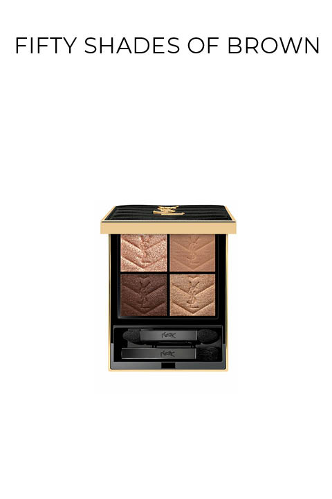 Eine Make-up-Palette mit vier schimmernden braunen Lidschatten und zwei Applikatoren, dargestellt unter dem Text "FIFTY SHADES OF BROWN" auf weißem Hintergrund.