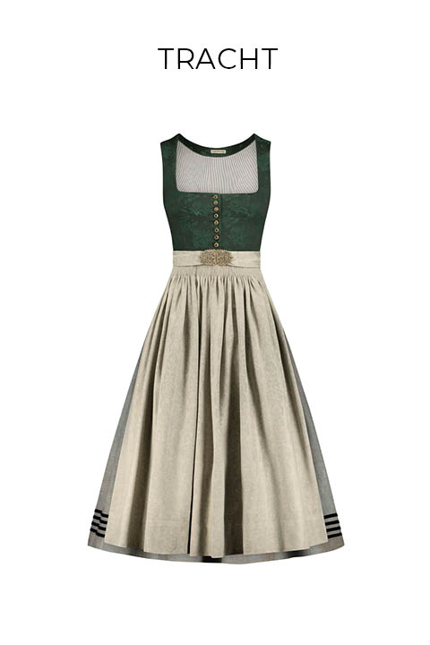 Ein traditionelles deutsches Dirndlkleid mit grünem, tailliertem Mieder, dekorativen Knöpfen vorne und einem beigen Schürzenrock, dargestellt auf einem schlichten weißen Hintergrund mit dem Wort "TRACHT" darüber.