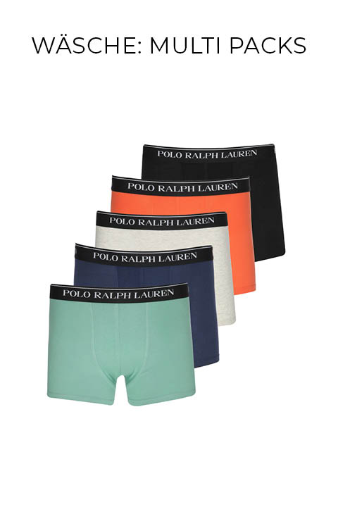 Fünf Paar Boxershorts von Polo Ralph Lauren in den Farben Grün, Schwarz, Marineblau, Orange und Grau, die in einer Reihe angeordnet sind und über denen "WÄSCHE: MULTI PACKS" steht.