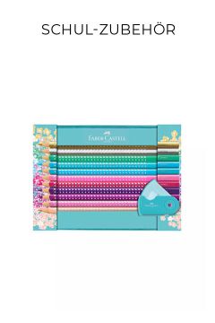 Ein Satz bunter Faber-Castell Bleistifte mit Punktmuster und einem blauen Anspitzer in einer dekorativen Schachtel, oben mit "SCHUL-ZUBEHÖR" beschriftet.