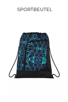 Eine Sporttasche mit Kordelzug und geometrischen Mustern in Schwarz, Blau und Petrol, mit einer diagonalen Reißverschlusstasche und dünnen schwarzen Schulterriemen. Der Schriftzug "SPORTBEUTEL" erscheint über der Tasche.