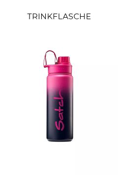 Eine wiederverwendbare Wasserflasche mit einem rosa-schwarzen Farbverlauf und dem Wort "Satch" in vertikaler Schrift vor einem weißen Hintergrund. Die Flasche hat einen Schraubverschluss mit einem Griff. Darüber steht das Wort "Trinkflasche".