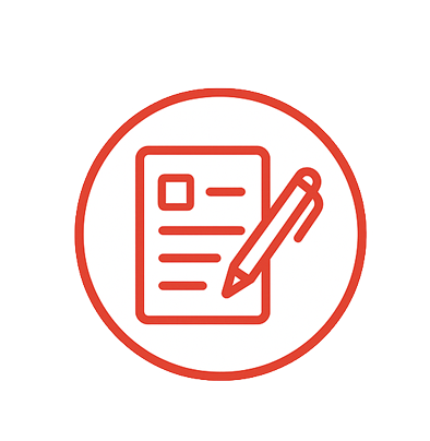 Rotes Symbol eines Blattes Papier mit horizontalen Linien und einem Quadrat, begleitet von einem Stift, der von einem roten Kreis umschlossen ist, der das Schreiben oder Ausfüllen eines Formulars darstellt.