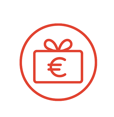 Roter Umriss einer Geschenkkarte mit einer Schleife und einem Euro-Symbol (€) in der Mitte, umgeben von einem roten Kreis auf weißem Hintergrund.