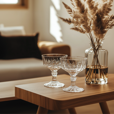 Zwei leere Kristallgläser stehen auf einem hölzernen Couchtisch neben einer mit getrocknetem Pampasgras gefüllten Glasvase. Ein beigefarbenes Sofa mit braunen und weißen Kissen steht unscharf im Hintergrund und schafft eine gemütliche Wohnzimmerszene.