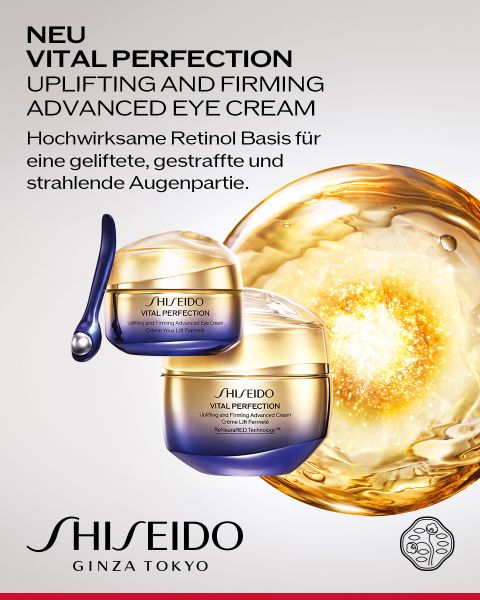 Werbung für die Shiseido Vital Perfection Uplifting and Firming Advanced Eye Cream, mit zwei goldenen und blauen Cremetiegeln und einer goldenen Molekulargrafik. Der Text hebt die auf Retinol basierende, straffende und festigende Wirkung hervor.