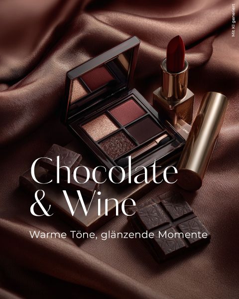 Eine Make-up-Palette mit warmen Braun- und Goldtönen, ein roter Lippenstift und Stücke von dunkler Schokolade sind auf braunem Satinstoff angeordnet. Der Text lautet: "Chocolate & Wine - Warme Töne, glänzende Momente.".