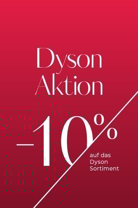 Roter Hintergrund mit Farbverlauf und weißem Text mit der Aufschrift "Dyson Aktion -10% auf das Dyson Sortiment", der für einen Rabatt von 10% auf Dyson Produkte wirbt.