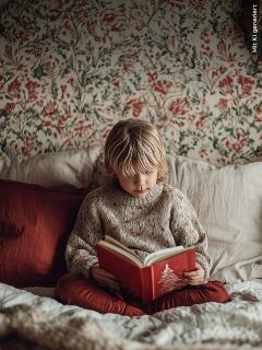 Ein kleines Kind mit blondem Haar sitzt auf einem Bett mit roter und weißer Bettwäsche und liest ein rotes Buch mit einem Weihnachtsbaum auf dem Umschlag. Die Wand dahinter ist mit einer Blumentapete verziert.