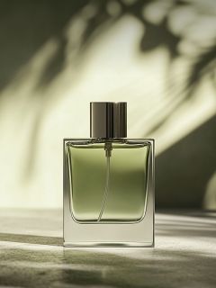 Ein gläserner Parfümflakon, der mit einer grünlichen Flüssigkeit gefüllt ist, steht auf einer sonnenbeschienenen Fläche, wobei die weichen Schatten der Blätter im Hintergrund eine natürliche, elegante Atmosphäre schaffen.