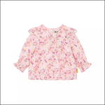 Langärmelige, hellrosa Bluse für Kleinkinder mit Blumendruck in Rosa- und Lila-Tönen, mit gerafften Schultern und Plissee-Details auf der Vorderseite.