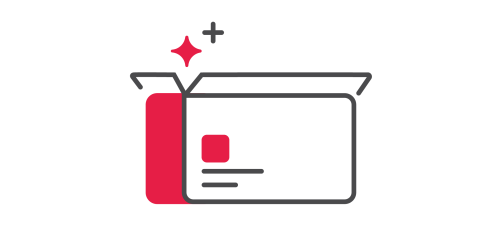 Minimalistische Illustration einer offenen Schachtel mit einer roten Karte im Inneren, einem Glitzern darüber und Linien, die Informationen oder Text andeuten, als Symbol für eine neue oder besondere Produktenthüllung.