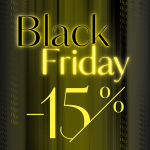 Black Friday-Verkaufsgrafik mit dunklem Hintergrund und leuchtend gelbem Text "Black Friday -15%", der für einen fünfzehnprozentigen Rabatt wirbt. Dezente Prozent-Symbole sind im Hintergrund verstreut.