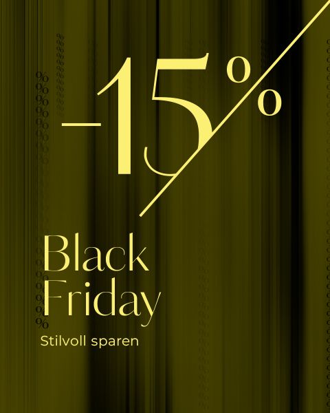 Der gelbe Text auf dunklem Hintergrund lautet: "-15%, Black Friday, Stilvoll sparen" mit einer diagonalen Linie zwischen den Prozentangaben.