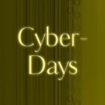 Gelber Text "Cyber-Days" auf dunklem Hintergrund mit vertikalen Linien und schwachen Prozentzeichen auf der rechten Seite.
