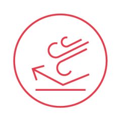 Rotes Liniensymbol eines über eine Fläche wehenden Windes, der durch einen diagonalen Pfeil nach oben abgelenkt wird, eingeschlossen in einen Kreis, der den Windwiderstand oder die Windablenkung darstellt.