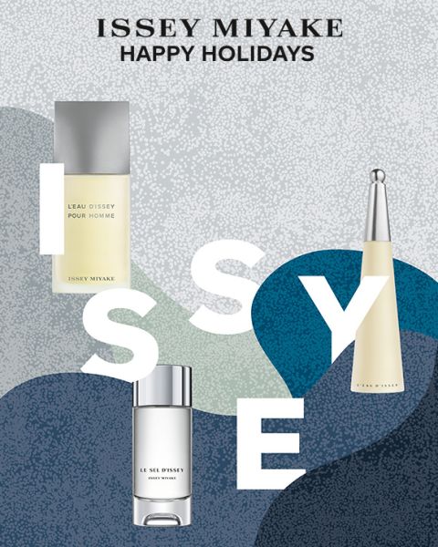 Drei Parfümflaschen von Issey Miyake auf einem abstrakten blauen und grauen Hintergrund mit dem Text "ISSEY MIYAKE HAPPY HOLIDAYS" im oberen Bereich.