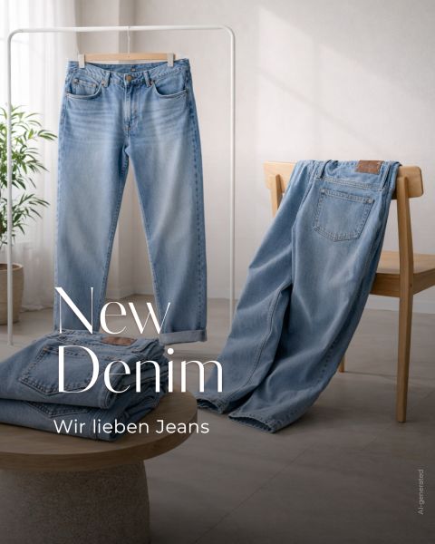 Drei Paar hellblaue Jeans sind auf einem Stuhl, einem Tisch und einer Hängeschiene ausgestellt, mit Sonnenlicht und einer Pflanze im Hintergrund. Text: "New Denim. Wir lieben Jeans.
