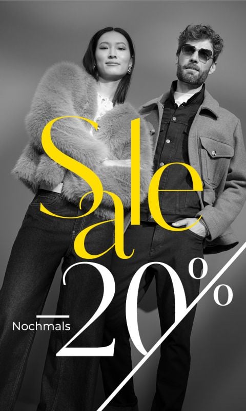 Eine elegante Frau und ein Mann posieren selbstbewusst; in fetter gelber und weißer Schrift steht "Sale 20%" und "Nochmals" auf schwarz-weißem Hintergrund.