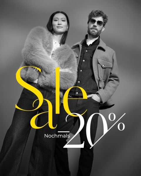 Eine elegante Frau in einem Pelzmantel und ein Mann mit Sonnenbrille posieren zusammen; der Text lautet "Sale 20% Nochmals" in fetten gelben und weißen Buchstaben.