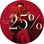 Frau in schwarzem Blazer und roter Strumpfhose liest eine rote Zeitschrift; vorne steht in großer Schrift "Bis zu 25%", was auf einen Rabatt von bis zu 25% hinweist.