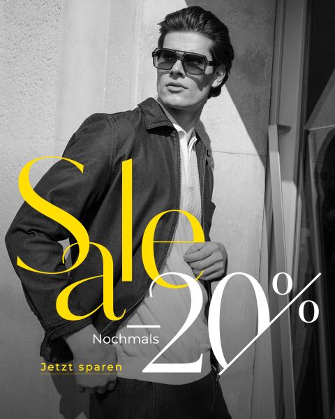 Ein stilvoll gekleideter Mann mit Sonnenbrille und dunkler Jacke steht selbstbewusst da. Der Text lautet: „20 % Rabatt, noch einmal, jetzt sparen.“.