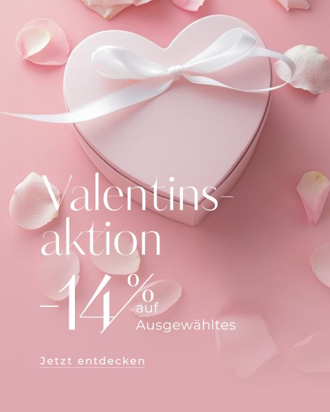 Herzförmiger Geschenkkarton mit weißem Band auf rosa Oberfläche, umgeben von Rosenblättern. Text wirbt für einen 14%igen Valentinsrabatt auf ausgewählte Artikel in deutscher Sprache.