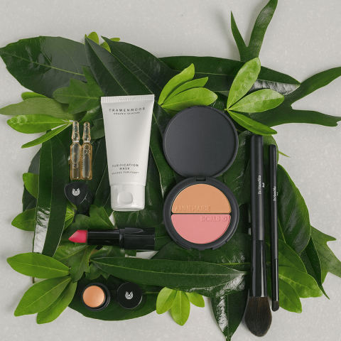 Make-up-Produkte, Pinsel und Hautpflegeprodukte, die auf großen grünen Blättern auf einem hellen Hintergrund angeordnet sind.