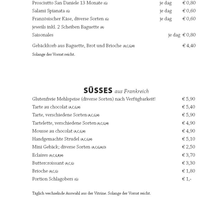 Deutsche Speisekarte mit Aufschnitt, Käse, Brot und verschiedenen französischen Desserts mit Preisangaben; Allergene sind am unteren Rand vermerkt.