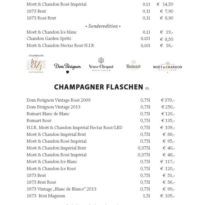 Speisekarte mit Champagner im Glas und in der Flasche, darunter Moët & Chandon, Veuve Clicquot, Ruinart und Dom Pérignon, mit Preisen in Euro.