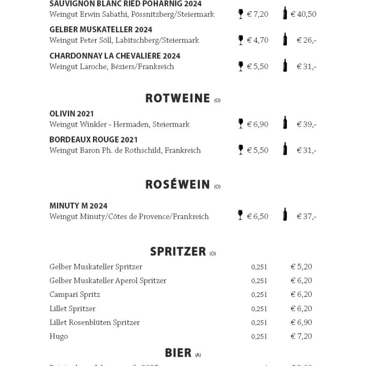 Deutschsprachige Wein- und Getränkekarte mit Weiß-, Rot- und Roséweinen, Schorlen und Bier, mit Preisen pro Glas und Flasche und kurzen Weinbeschreibungen.