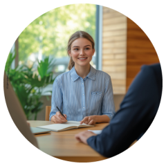 Eine junge Frau lächelt, während sie während einer Besprechung in einem hellen, modernen Büro gegenüber einem Tisch Notizen in ein Notizbuch schreibt.