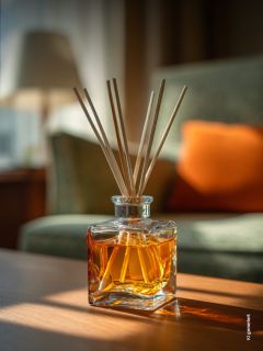 Ein Glasschilfdiffusor mit bernsteinfarbener Flüssigkeit steht auf einem sonnenbeschienenen Holztisch, im Hintergrund stehen ein Sofa und eine Lampe mit Weichzeichner.