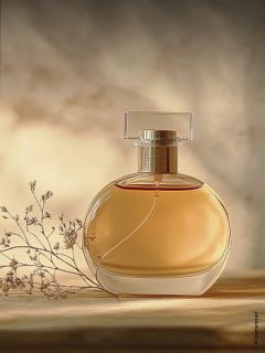 Ein runder Glasflakon mit goldener Flüssigkeit, der auf einer hölzernen Oberfläche neben zarten Trockenblumen vor einem weichen, verschwommenen Hintergrund steht.