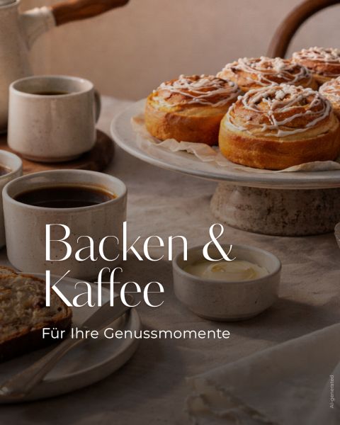 Zimtbrötchen, Kaffee und Butter auf einem Tisch mit Text: "Backen & Kaffee - Für Ihre Genussmomente." Gemütliche Frühstücksszene.