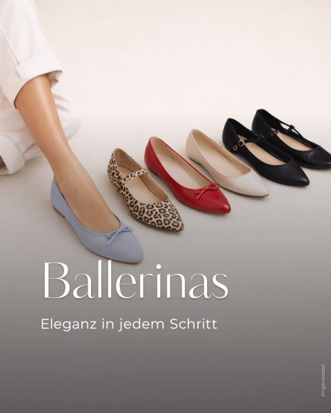 Die Beine einer Person mit hochgekrempelten Hosen neben fünf Paar Ballerina-Flats in Blau, Leopardenmuster, Rot, Beige und Schwarz. Text: "Ballerinas Eleganz in jedem Schritt.