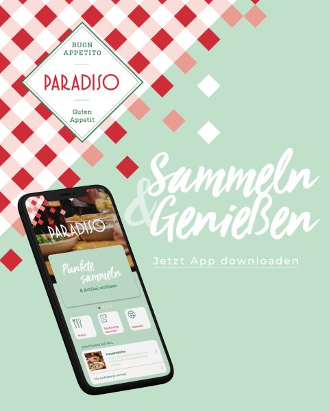 Smartphone mit der Paradiso-App, mit dem Text "Sammeln & Genießen" und einem rot-karierten Muster auf grünem Hintergrund.