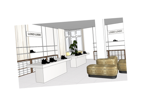 Minimalistisches Schuhgeschäft mit weißen Tischen, Regalen, ein paar Schuhen, gepolsterten Sitzgelegenheiten, großen Fenstern und "LOGO LOGO"-Schildern an den Wänden.