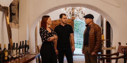 Drei Personen unterhalten sich in einem rustikalen Weinkeller, auf einem Tisch in der Nähe stehen unter einem Kronleuchter Flaschen und Gläser mit Wein.