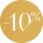 Ein goldener Kreis mit weißer Schrift und der Aufschrift "-10%", die auf einen zehnprozentigen Rabatt oder Nachlass hinweist.